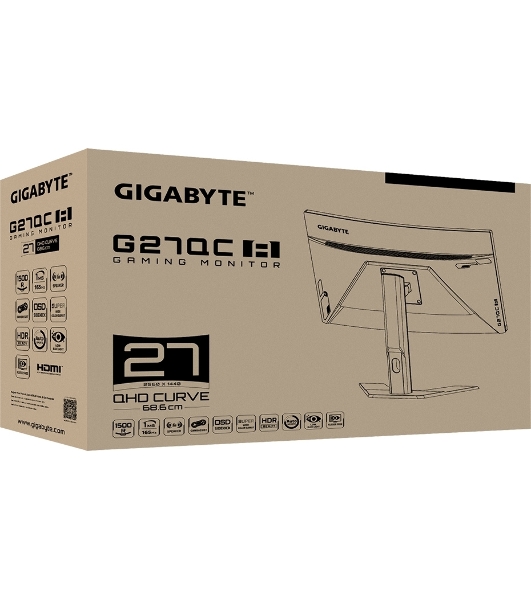Монитор 27' Gigabyte G27QC A VA 2560x1440, 165 Гц, 1 мс, 16:9, 250 кд/м², HDMI 2.0 (x2), DP 1.2, 3.5 Jack, USB Hub (2x USB 3.0), динамики (2x2 Вт), FreeSync, изогнутый экран (1500R), черный