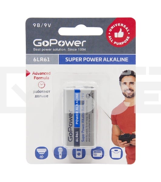 Батарейка GoPower Крона 6LR61 BL1 Alkaline 9V (1/10/240)