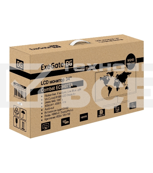 Монитор 34' ExeGate Combat EC3407TA VA 3440x1440, 165 Гц, 1 мс, 21:9, 300 кд/м², HDMI 2.0, DP 1.2, 3.5 Jack, FreeSync, изогнутый экран (1800R), черный
