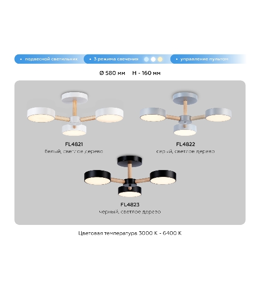 Светильник Ambrella light FL4821/3 WH белый 3000K-6400K 40W D580*160 (ПДУ ИК)