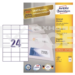 Этикетки Avery Zweckform 3474 A4 70x37мм 24шт на листе/70г/м2/100л./белый матовое самоклей. универсальная