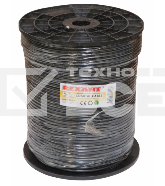 Кабель коаксиальный Rexant RG-6U, 75 Ом, CCS/Al/Al, 64%, бухта 305 м, черный OUTDOOR