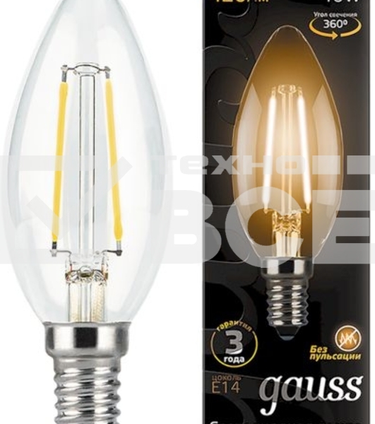 Лампа светодиодная филаментная Gauss 5Вт цок.: E14 свеча 220B 2700K св. свеч. бел.теп. C37 (упак.: 10 шт) (103801105)