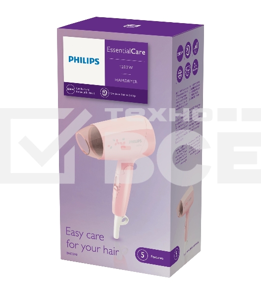 Фен Philips/ Фен Philips, дорожный, мощность 1200Вт, 3 скорости, 3 режима работы, 1 насадка, цвет черный