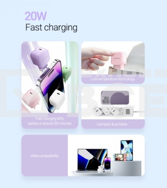 Сетевое зарядное устройство Vention на 1 порт USB С 20W Розовый, шт.