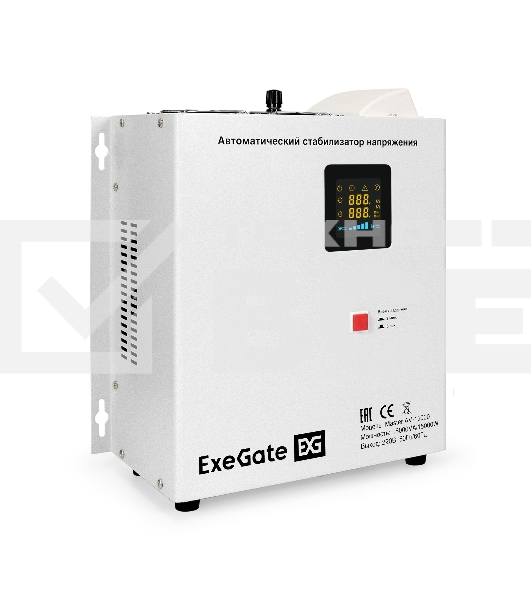 Стабилизатор напряжения настенный ExeGate Master AV-15000 (15000ВА, вход 140-260В, цветной дисплей, выход 220В±8%, КПД 98%, 5 уровней защиты, задержка, усиленный метал.корпус, 1*Schuko+клем.колодка, RTL)
