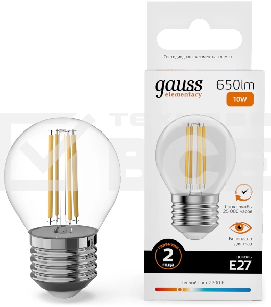 Лампа филам. Gauss Filament 10Вт цок.:E27 шар св.свеч.бел.теп. (упак.:10шт) (52210)