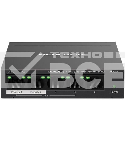 Настольный коммутатор Mercusys MS105GP с 5 гигабитными портами (4 порта PoE+)