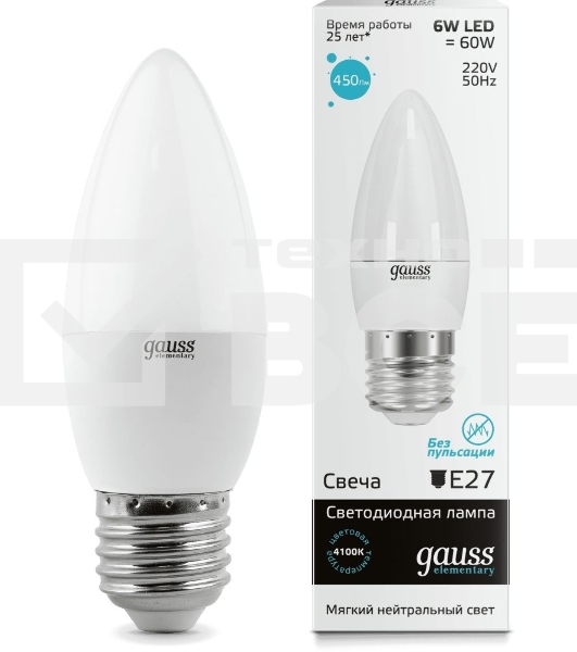 Лампа GAUSS LED Elementary Candle 6W E27 4100KLD33226
