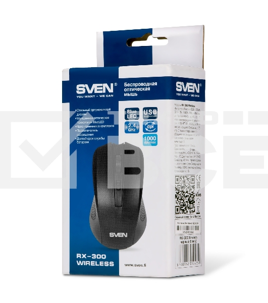 Мышь беспроводная SVEN RX-300 черный, 1000 dpi, радиоканал, USB, кнопки - 4