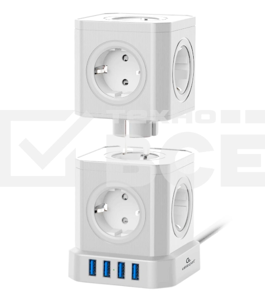 Сетевой фильтр Cablexpert Tower TWR-9-U4-W-2, 9р, 16А, 4хUSB, 3.1А, 2м, ур.защиты 4+, белый, коробка