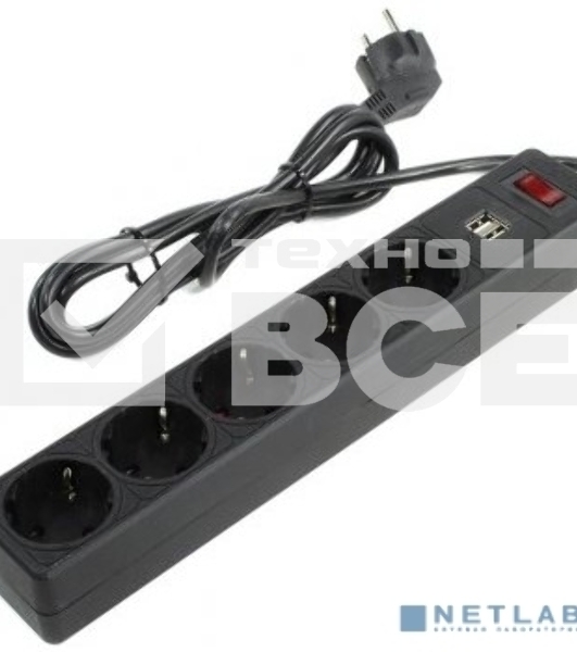 Сетевой фильтрSmartbuy SBSP-18U-K с USB, 10А, 2 200 Вт, 5 розеток, длина 1,8 м, черный (SBSP-18U-K)/45