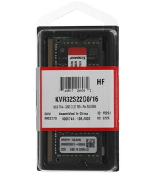 Оперативная память Kingston ValueRAM, DDR4, 16GB (1x16GB), 3200MHz, CL22, SO-DIMM