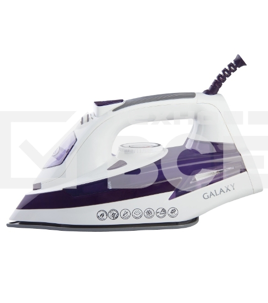 Утюг Galaxy Line GL 6106, белый с фиолетовым, паровой, 2200 Вт, постоянный пар 50 г/мин, паровой удар 180 г/мин, функции: «Самоочистка», «Антикапля», «Антинакипь», функция увлажнения, вертикальное отпаривание, индикатор нагрева, защита от перегрева, керам