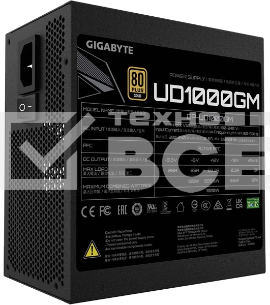 Блок питания Gigabyte ATX 1000W GP-UD1000GM 80 PLUS gold (24+4+4pin) APFC 120mm fan 8xSATA Cab Manag RTL