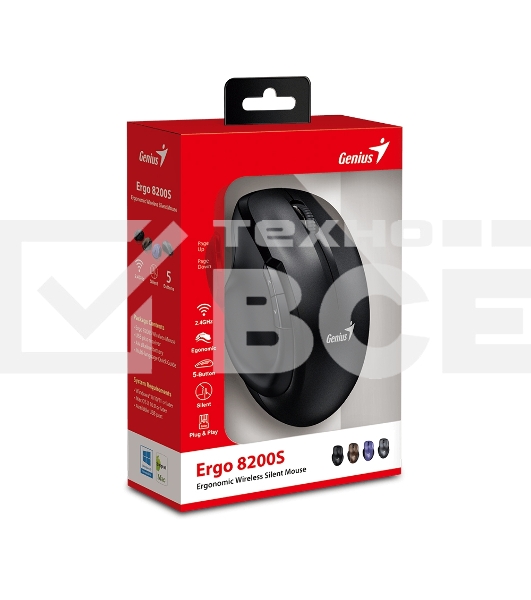 Мышь беспроводная Genius Ergo 8200S черный, 1200 dpi, радиоканал, USB, кнопки - 5