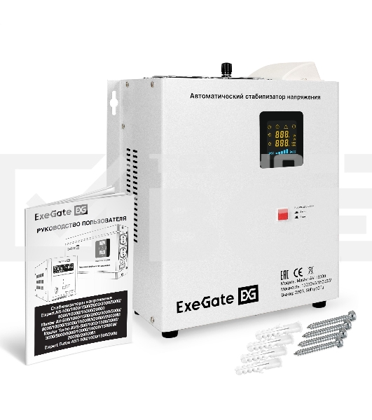 Стабилизатор напряжения настенный ExeGate Master AV-15000 (15000ВА, вход 140-260В, цветной дисплей, выход 220В±8%, КПД 98%, 5 уровней защиты, задержка, усиленный метал.корпус, 1*Schuko+клем.колодка, RTL)