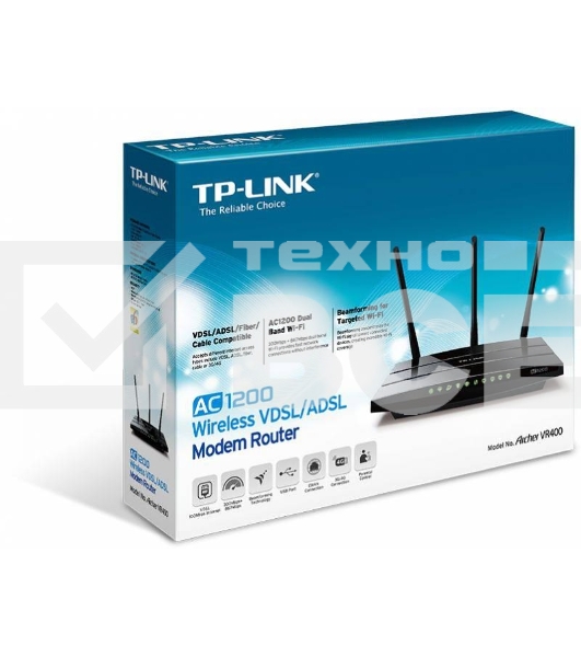 Беспроводный двухдиапазонный TP-Link маршрутизатор с VDSL/ADSL модемом SOHO Archer VR400, 867 Мбит/с + 300 Мбит/с, VDSL2/ADSL2+, Annex A, 4 порта 100 Мбит/с, 1 порт WAN 1000 Мбит/с, 1 порт USB 2.0