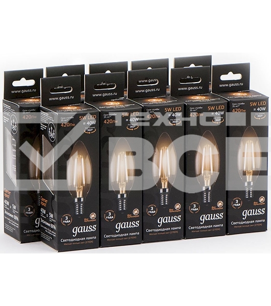 Лампа светодиодная филаментная Gauss 5Вт цок.: E14 свеча 220B 2700K св. свеч. бел.теп. C37 (упак.: 10 шт) (103801105)