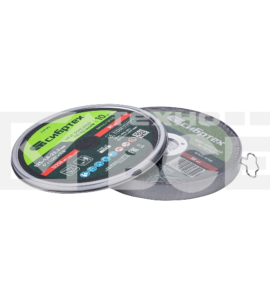 Круг отрезной по металлу Сибртех 125 х 1,0 х 22,2 мм, 84 A+16 B, в метал.банке, 10 шт.