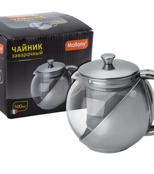 Чайник заварочный MALLONY Menta-500 из нержавеющей стали и жаропрочного стекла, 0.5 л.