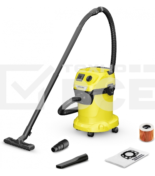 Строительный пылесос Karcher WD 3 P V-17/4/20 желтый, 1000 Вт, уборка сухая/сбор воды, пылесборник мешок/контейнер, 17 л