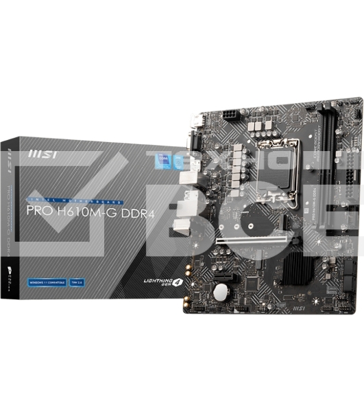 Материнская плата MSI PRO H610M-G, LGA 1700, Intel H610, 2xDDR5, 4xSATA, 1xM.2, 1xPCIe 4.0 x16, 1xPCIe 3.0 x1, 1xHDMI, 1xDP, 1xVGA, 1xRJ45 1Gb, 2xUSB-A 3.2 Gen 1, 4xUSB-A 2.0, 3x3.5мм, 7.1, mATX