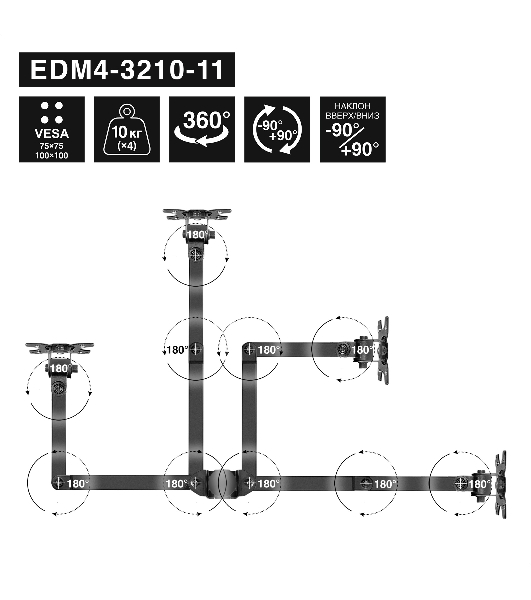 Кронштейн для четырех мониторов 13'-32' настольный ExeGate EDM4-3210-11 (VESA 75x75, 100x100, макс.нагрузка 4х10 кг, наклон -90°/+90°, поворот -90°/+90°, вращение 360°, 2 способа крепления: сквозное и струбцина, цвет черный)