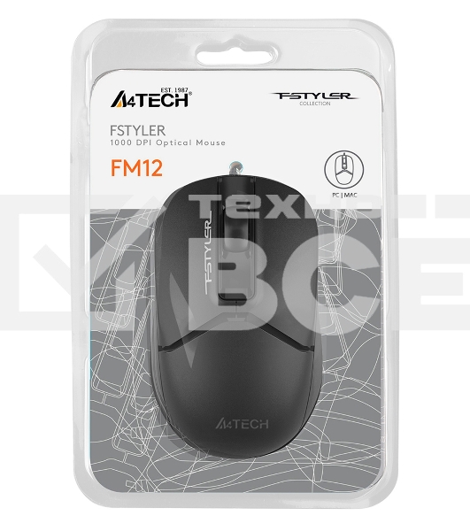 Мышь проводная A4Tech Fstyler FM12 черный, 1200 dpi, USB, кнопки - 3