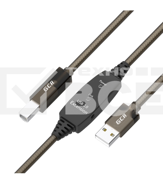 Кабель активный GCR 5.0m USB 2.0, AM/BM, черно-прозрачный, с усилителем сигнала, разъем для доп.питания, 28/24 AWG