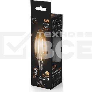 Лампа светодиодная филаментная Gauss 5Вт цок.: E14 свеча 220B 2700K св. свеч. бел.теп. C37 (упак.: 10 шт) (103801105)