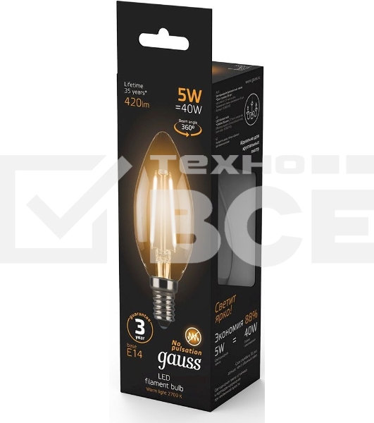Лампа светодиодная филаментная Gauss 5Вт цок.: E14 свеча 220B 2700K св. свеч. бел.теп. C37 (упак.: 10 шт) (103801105)