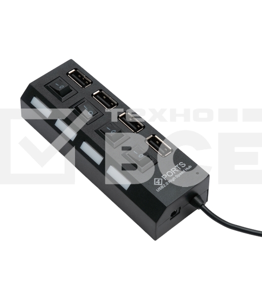Разветвитель USB2.0 Gembird 4xUSB, блок питания 2А, подсветка и выкл, кабель USB 55см, черный (UHB-U2P4-02A)