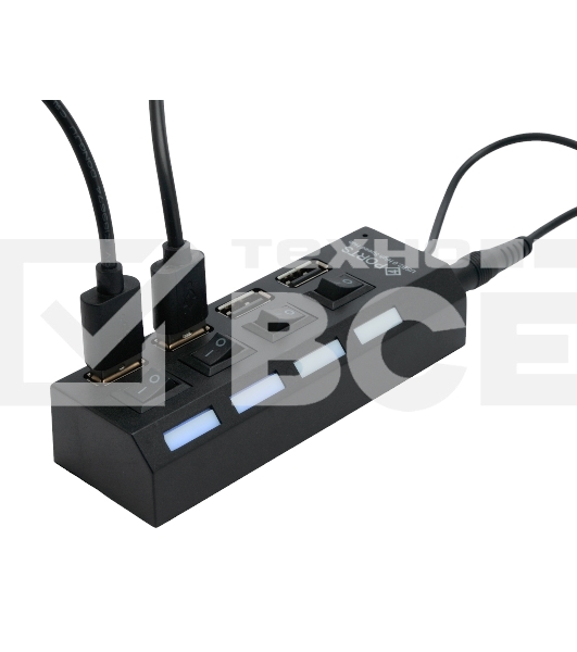 Разветвитель USB2.0 Gembird 4xUSB, блок питания 2А, подсветка и выкл, кабель USB 55см, черный (UHB-U2P4-02A)