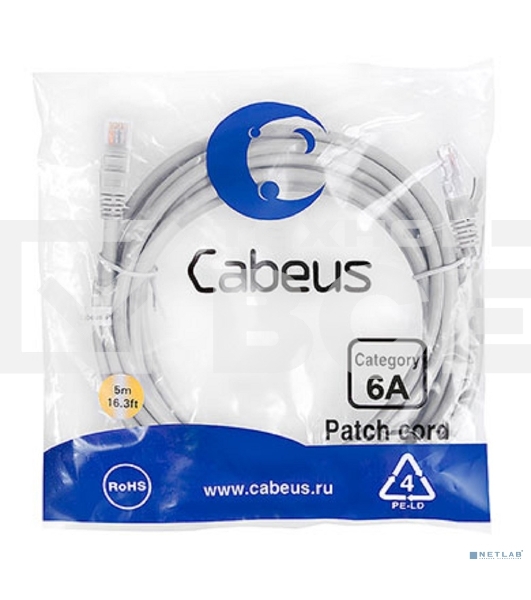 Шнур комм. Cabeus, cat.6a, неэкр., U/UTP, RJ45/RJ45, LSZH, AWG24, 5м, серый