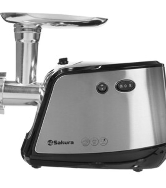 Мясорубка электрическая Sakura SA-6407 серый, 1800 Вт, 2.0 кг/мин, реверс, защита от перегрузки, металлический лоток, насадки - 5
