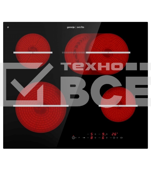 Встраиваемая варочная панель Gorenje ECT648ORAB /  Черный, Без рамки, Сенсорное управление, Таймер, Функция PowerZone, Защитная блокировка от детей, Габаритные размеры (вхшхг): 5,4 × 60 × 52 см, Вес (брутто/нетто): 8,2 / 7,7 кг