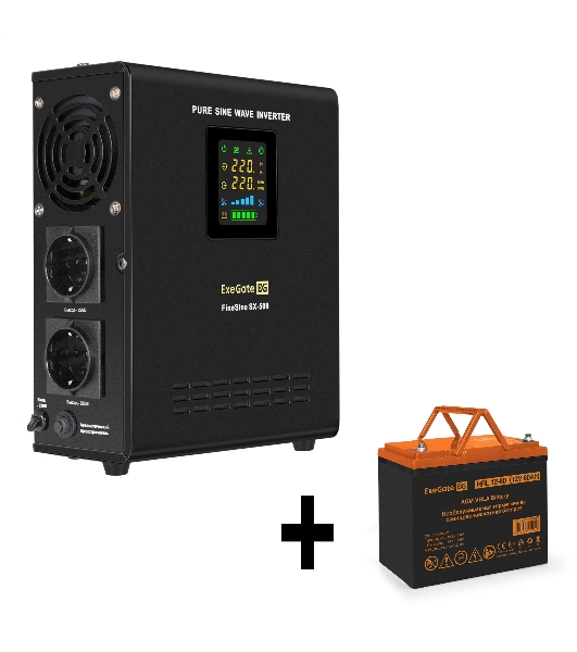 Комплект Источник бесперебойного питания EX295995RUS + батарея 80Aч EX285654RUS 1шт (инвертор, синус, для котла, настенный) ExeGate FineSine SX-500.LCD.AVR.2SH <500VA/300W, чистая синусоида, цветной LCD-дисплей, AVR, 2*Schuko, линейно-интерактивный, крепление настенное/универсальное, Black> + батарея ExeGate HRL 12-80 (12В, 80Ач) 1шт