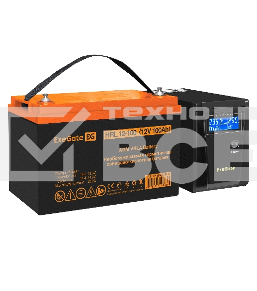 Комплект ИБП EX295986RUS + батарея 100Aч EX285656RUS 1шт (инвертор, синус, для котла) ExeGate SineTower SZ-600.LCD.AVR.1SH <600VA/360W, чистый синусоида, LCD дисплей, AVR, 1*Schuko, линейно-интерактивный, Black> + батарея ExeGate HRL 12-100 (12В, 100Ач) 1