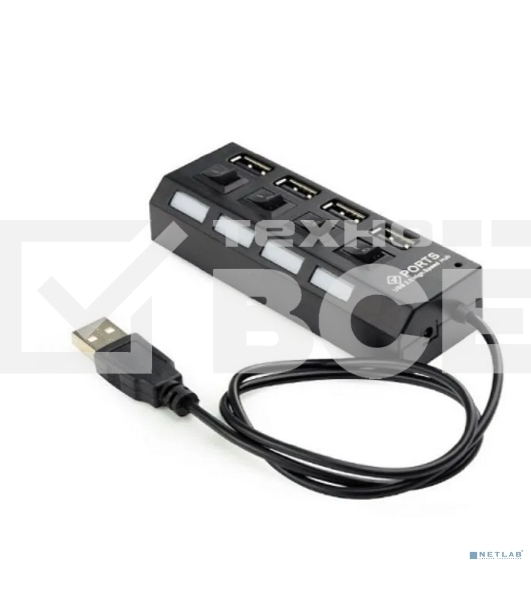 Разветвитель USB2.0 Gembird 4xUSB, блок питания 2А, подсветка и выкл, кабель USB 55см, черный (UHB-U2P4-02A)
