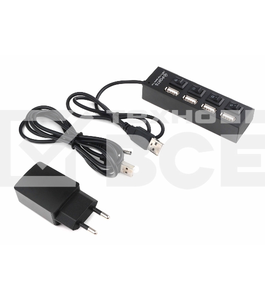 Разветвитель USB2.0 Gembird 4xUSB, блок питания 2А, подсветка и выкл, кабель USB 55см, черный (UHB-U2P4-02A)