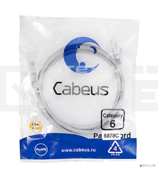 Патч-корд Cabeus PC-UTP-RJ45-Cat.6-1.5m-LSZH, U/UTP, категория 6, 2xRJ45/8p8c, неэкранированный, серый, LSZH, 1.5м