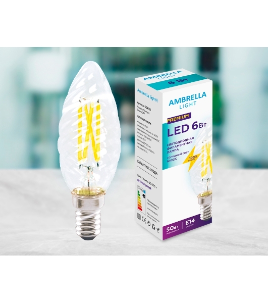 Светодиодная лампа Ambrella light 202126 Filament LED C35 6W E14 6400K (50W) 220-240V