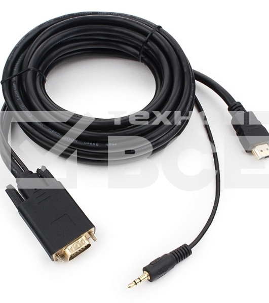 Кабель HDMI->VGA Cablexpert A-HDMI-VGA-03-5M, 19M/15M + 3.5Jack, медь, позол.разъемы, 5м, черный, пакет