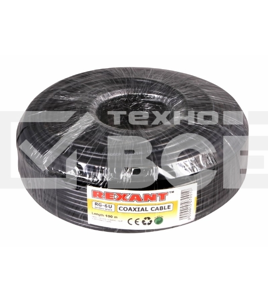 Кабель коаксиальный Rexant RG-6U, 75 Ом, CCS/Al/Al, 64%, бухта 100 м, черный OUTDOOR