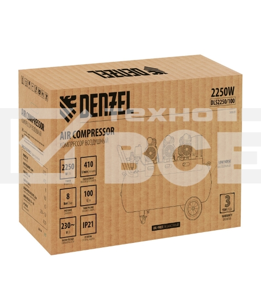 Компрессор безмаслянный малошумный DLS 2250/100, 2250 Вт, 3х750, 100 л, 410 л/мин блок упр  Denzel