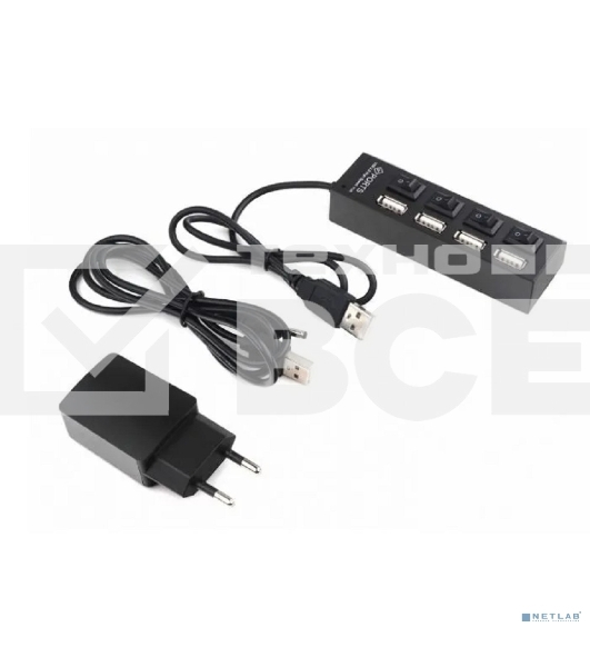 Разветвитель USB2.0 Gembird 4xUSB, блок питания 2А, подсветка и выкл, кабель USB 55см, черный (UHB-U2P4-02A)