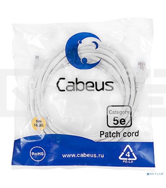 Шнур комм. Cabeus, Cat.5e, неэкр., U/UTP, RJ45/RJ45, LSZH, AWG24, 5м, белый