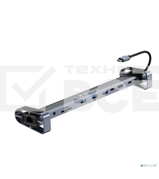 Док-станция Type-C Gembird UHB-D5, 10в1: 3xUSB3.1, Type-C PD87W, Jack 3.5, SD/TF, HDMI, RJ45, Type-C, кабель 14см, алюминий