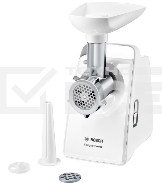 Мясорубка Bosch MFW3910W CompactPower, 1900Вт, 2,3 кг/мин, цвет: белый, механическая за щита от перегрузки, 1 скор. Комплект: 2 диска для фарша, насадка для кол басок
